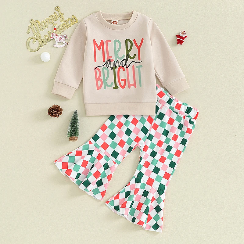 

Toddler Baby Girl Christmas Outfit Merry Bright Crewneck Sweatshirt Checkedboard Flared Pants Fall Outfits