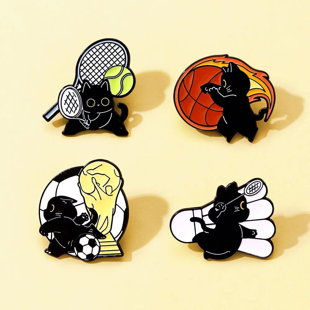 Cute Sport Black Cat Enamel Pin Creative Fire Basketball Football Volleyball Tennis Badminton Lapel Badges Backpack Jewelry Gift