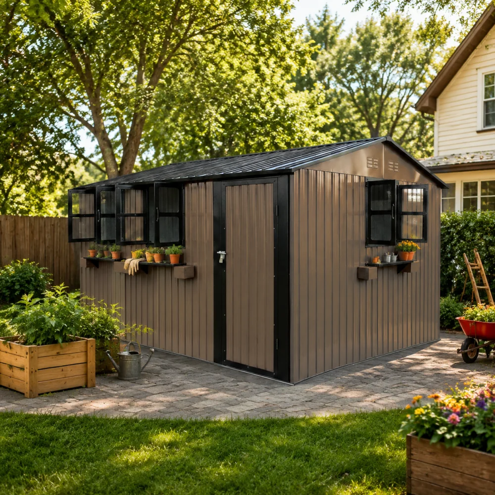 12X10 FT Outdoor Metal Storage Shed with 3 Clear Windows & Decorative Flower Rack, Lockable Single Door Tool Shed, Heavy Duty Waterproof Weatherproof Garden Shed for Backyard Patio Yard,  Brown Black