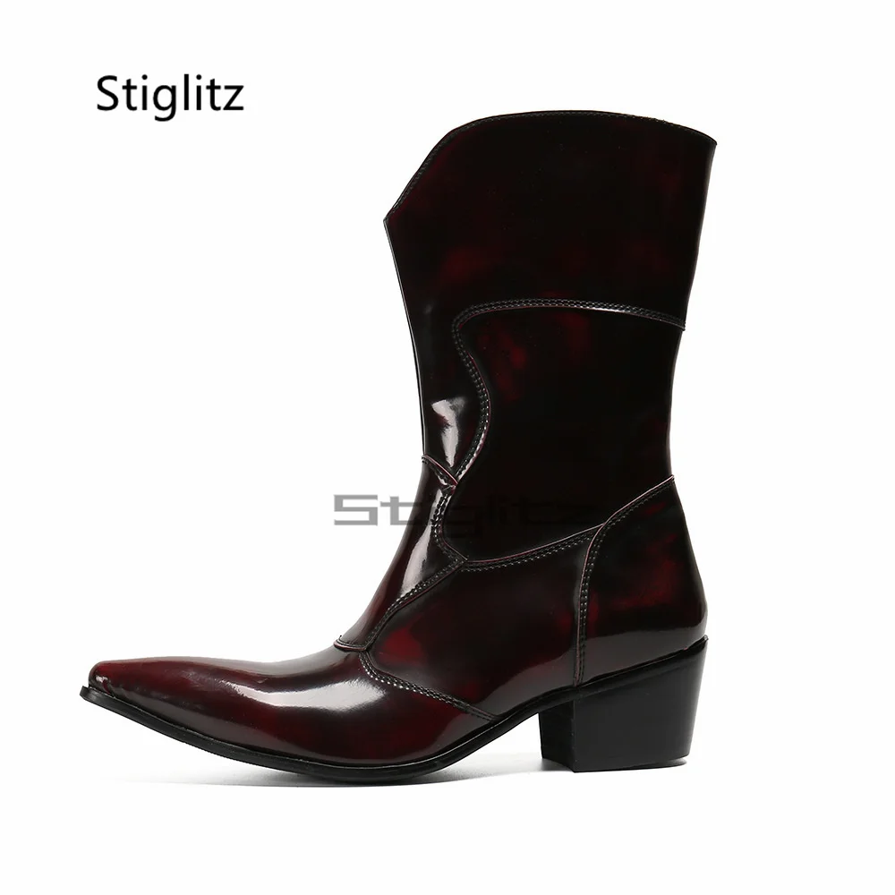 

Burgundy Mid Calf Chelsea Boots for Men High Heels Riding Boots Pointed Toe Zip Genuine Leather Motorcycle Boots Party Shoes