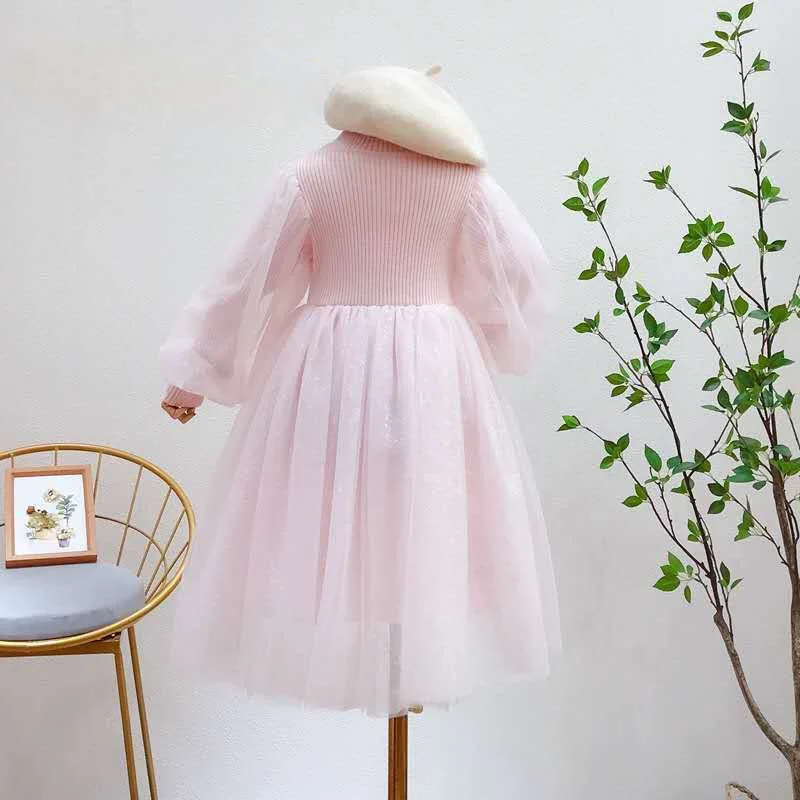 Autumn and Winter Clothing New Children's Clothing Girls' Korean Mesh Lantern Sleeve Spliced Princess Dress Children's Western S