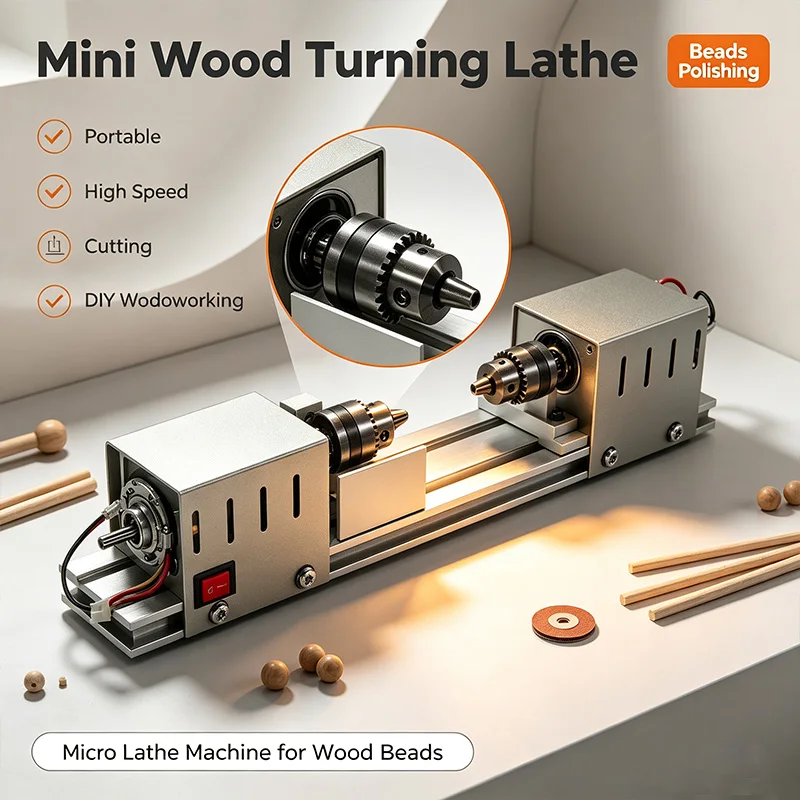 Mini DIY Wood Turning Lathe Small Micro Beads Cutting Polishing Machine Household Woodworking Lathe