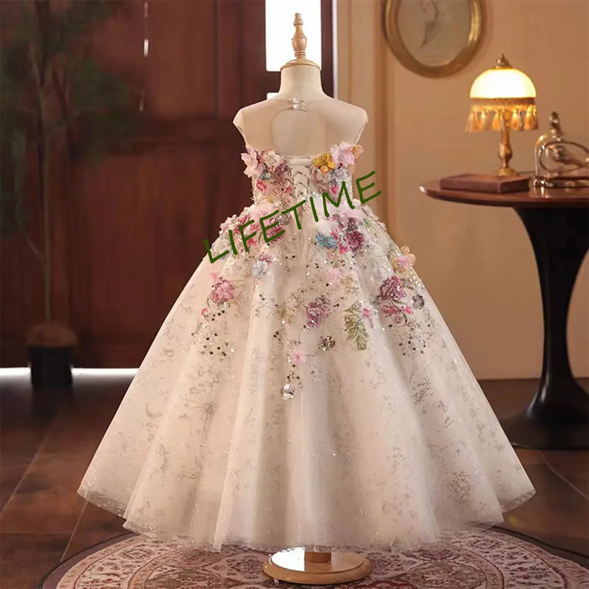 Floral Luxury Long Handmade Flowers Beads Girl Dress for Princess Wedding Birthday Party Gowns vestidos de novia