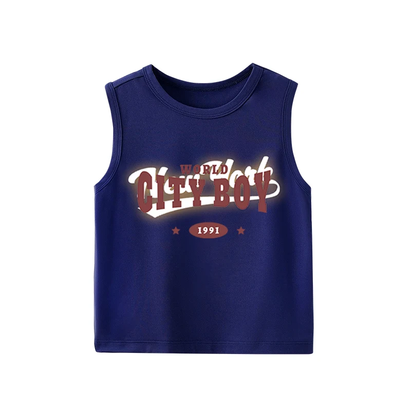 Baby Cute Cartoon English Letter Children's Tank Top Boys And Girls Blue Summer Sleeveless T-Shirt Tank Top Preschool T-Shirt