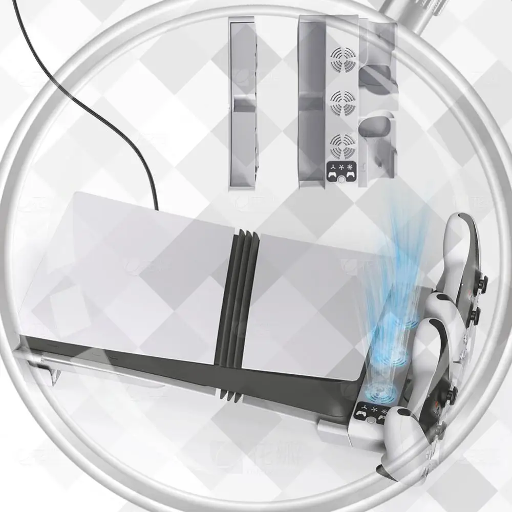 

Горизонтальная подставка и охлаждающая станция с 3-уровневым вентилятором, 2 контроллерами, зарядным устройством и USB-хабом для PS5 Slim/PS5 Pro (дисковая и цифровая версии)