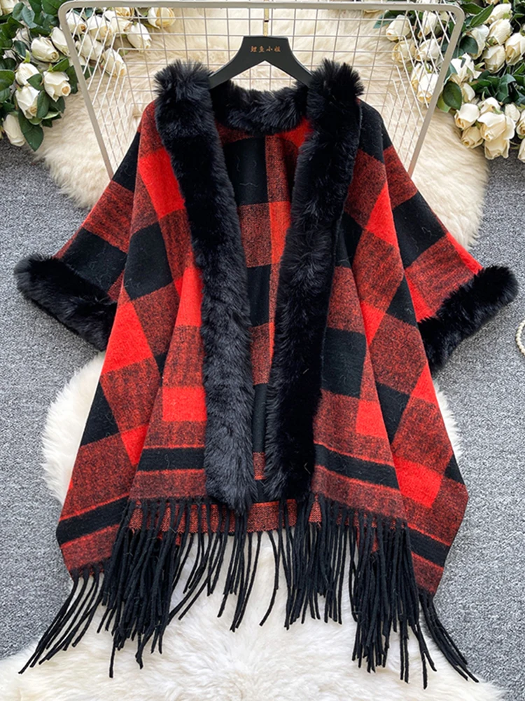 

Autumn Winter Vintage Outerwear with Fur Collar Knitted Cardigan Tops for Women Loose Elegant Plaid Shawl Cloak Coat L66