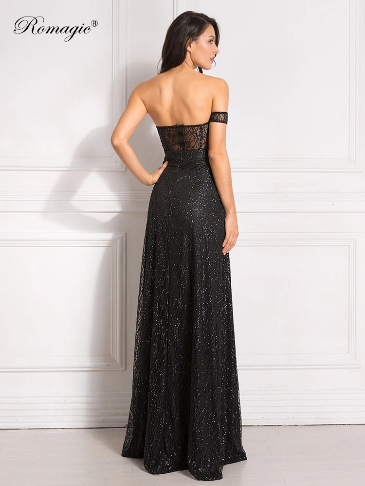 One Sleeve Strapless Long Ball Gown Split Leg Hollow Out Padded Black Glittered Evening Maxi Dress Prom Night Club Party