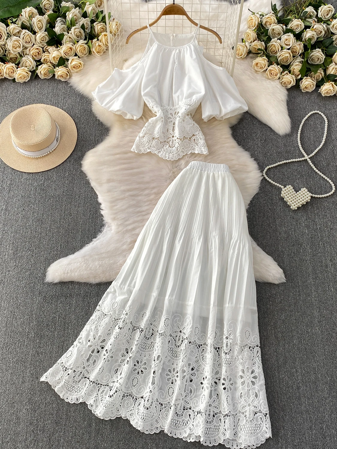 

Ele Lace Bubble Sve irt High Waist Slimming Hook Floral Long Dr Two Piece Set Faionable French Sle Casual Wear