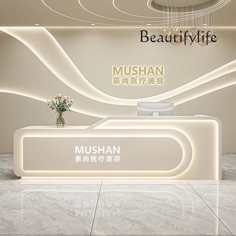 W Beauty Salon Cream Wind Solid Wood Paint Checkout Page Training Institution Reception Front Desk Modern