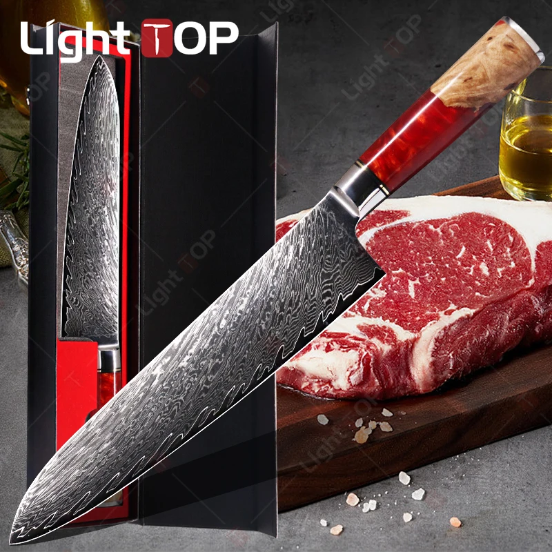 

Professional Chef's Knife Damascus Steel Japanese Kitchen Knife Multi-purpose Meat Cleaver Fish Slicer Bread Slicer Fruit Peeler