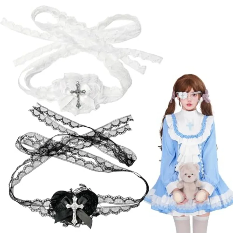 

Halloween Lolita Masquerade Eye Mask Black White Lace Heart Lolita Cross Nun Cosplay Masquerade Eye Mask for Women Girl Carniva