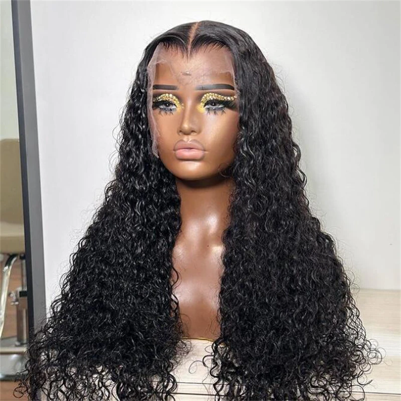 Peluca rizada de encaje frontal para mujer, pelo de bebé, suave, 180de densidad, 26 largos, negro Natural, prearrancado, resistente al calor, sin pegamento, diario