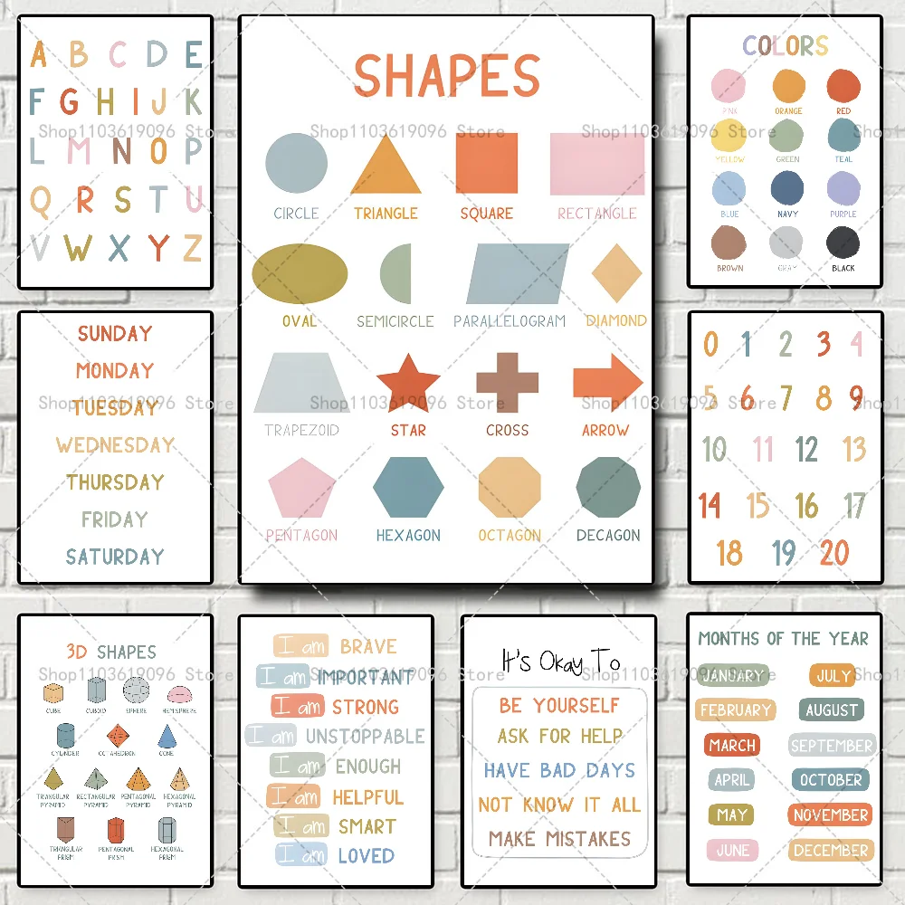 

English Education Alphabet Number Color Shape Poster Self-adhesive Art Waterproof Paper Sticker Coffee House Bar Room Wall Decor