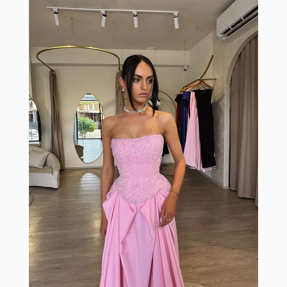 Sexy Pink Strapless Evening Dresses Elegant Formal Occasion Prom Gowns Crystal Straight Floor Lenght Evenning Dresse Customizd