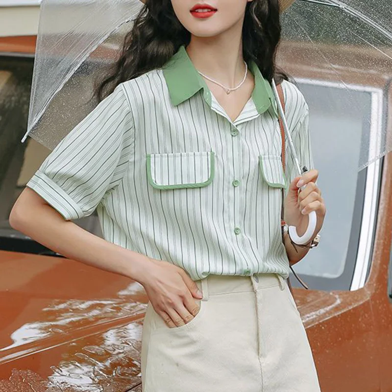 2023ฤดูร้อนใหม่ Vintage ลายชีฟองโปโลคอ Kemeja Lengan Pendek Femme งานเย็บปะแฟชั่นเสื้อเสื้อผ้าผู้หญิงเรียบง่าย