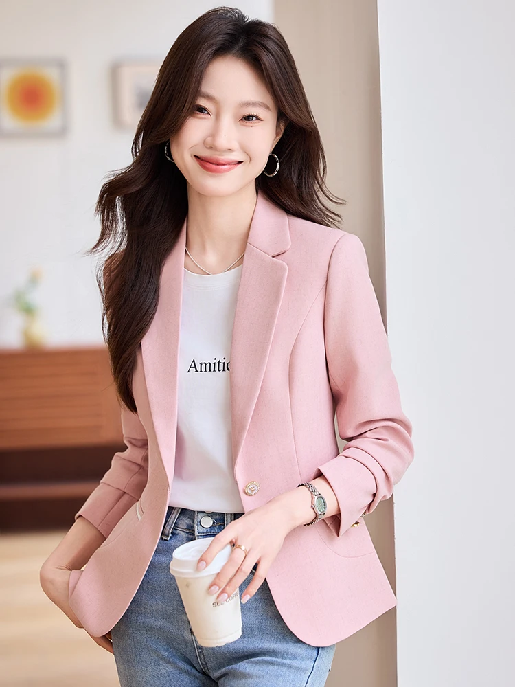 

Розовый женский повседневный пиджак в деловом стиле, маленький размер, весна-осень, новинка, высокое качество, для офиса, приталенный крой, полиэстер