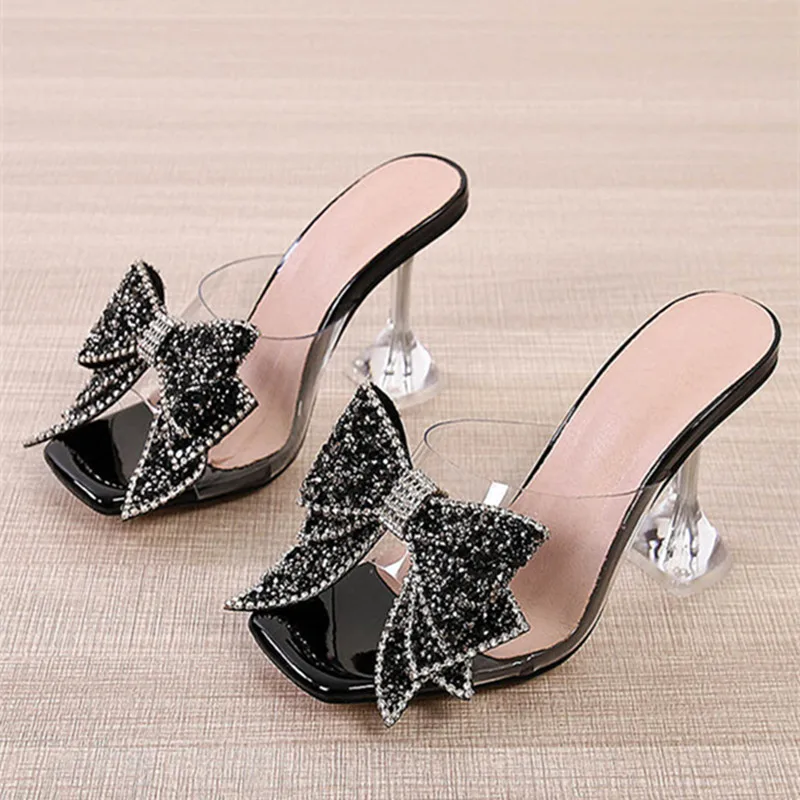 2024 New Transparent Slippers for Women Fashion Silver Crystal Bowknot High Heels Women Clear Mules Slides Summer Heeled Sandals