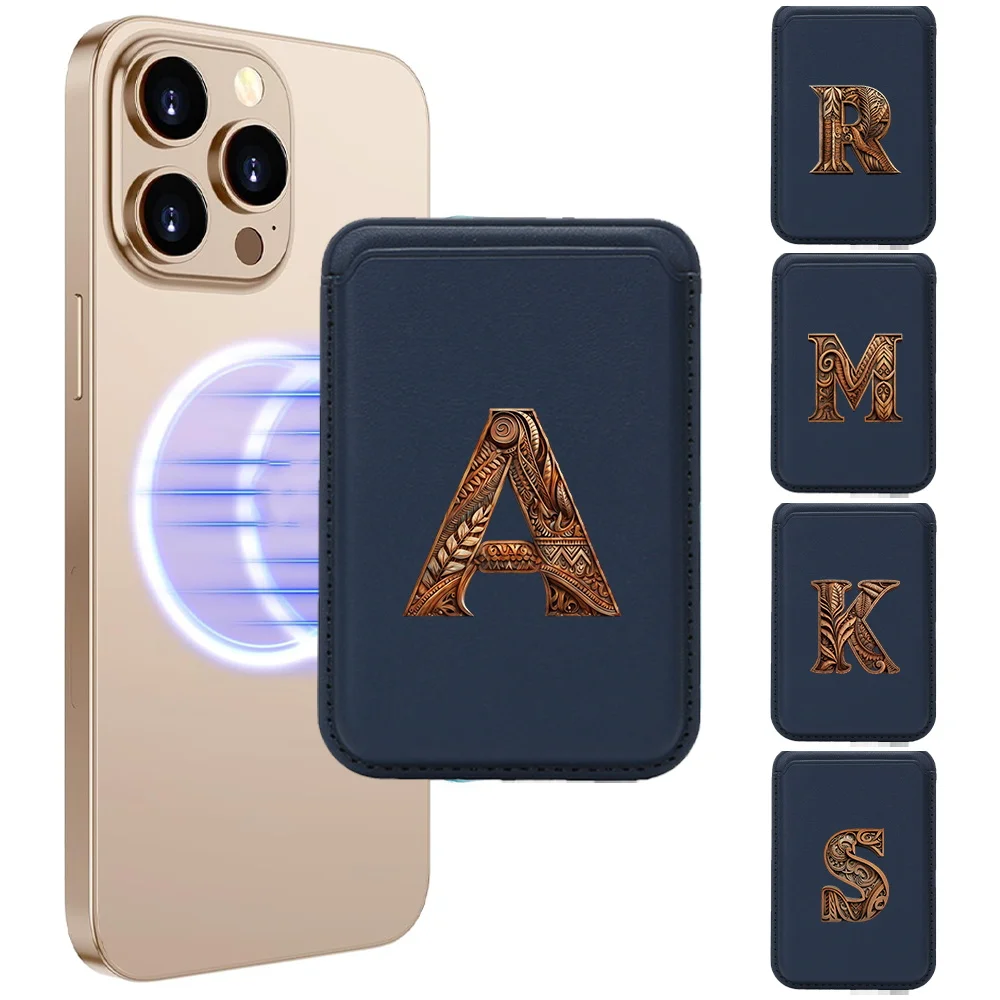

Professional Deep Blue Card Holder Sturdy PU Leather Magnetic Pocket Strong Adhesion Wear-Resistant Wood Art Letter Pattern
