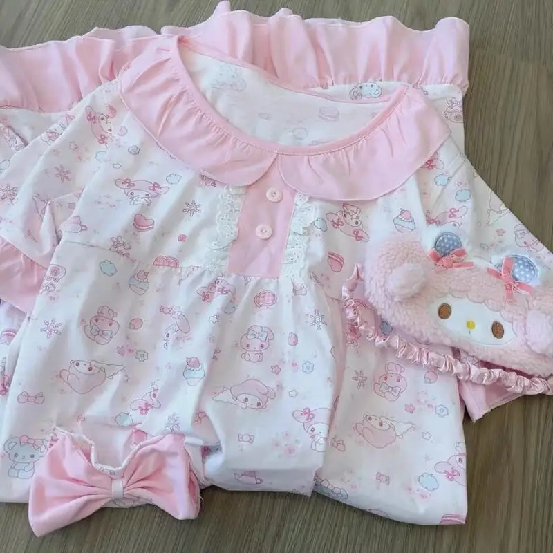 Neue Damen-Sommer-Pyjamas mit Allover-Print, My Melody Spitzen-Kurzarmkleid, Mädchen-Freizeitkleidung für Zuhause, Niedliches Cartoon-Nachthemd