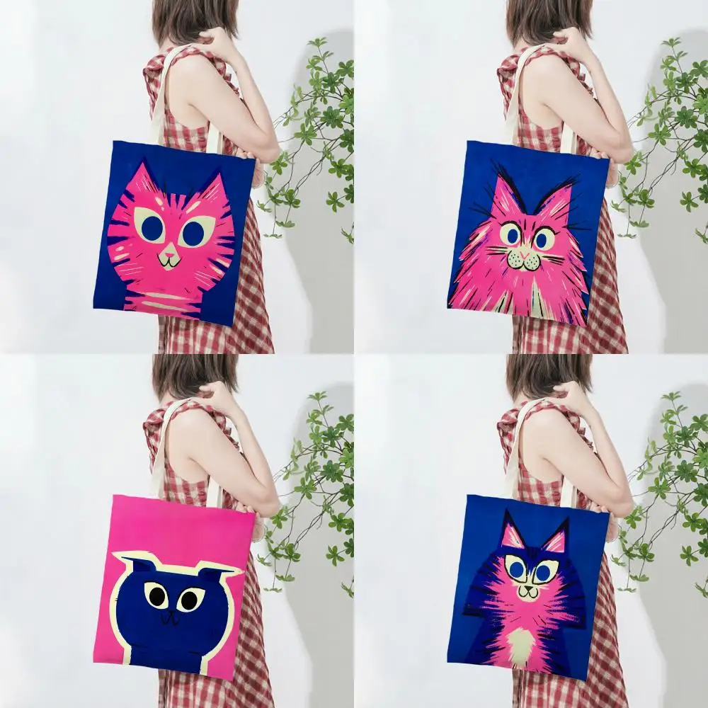 

Mystical Elegant B-Blue-Purple Cat Storage Bags Lightweight Printed Canvas Bag Portable Daily Shopping Shoulder Bag