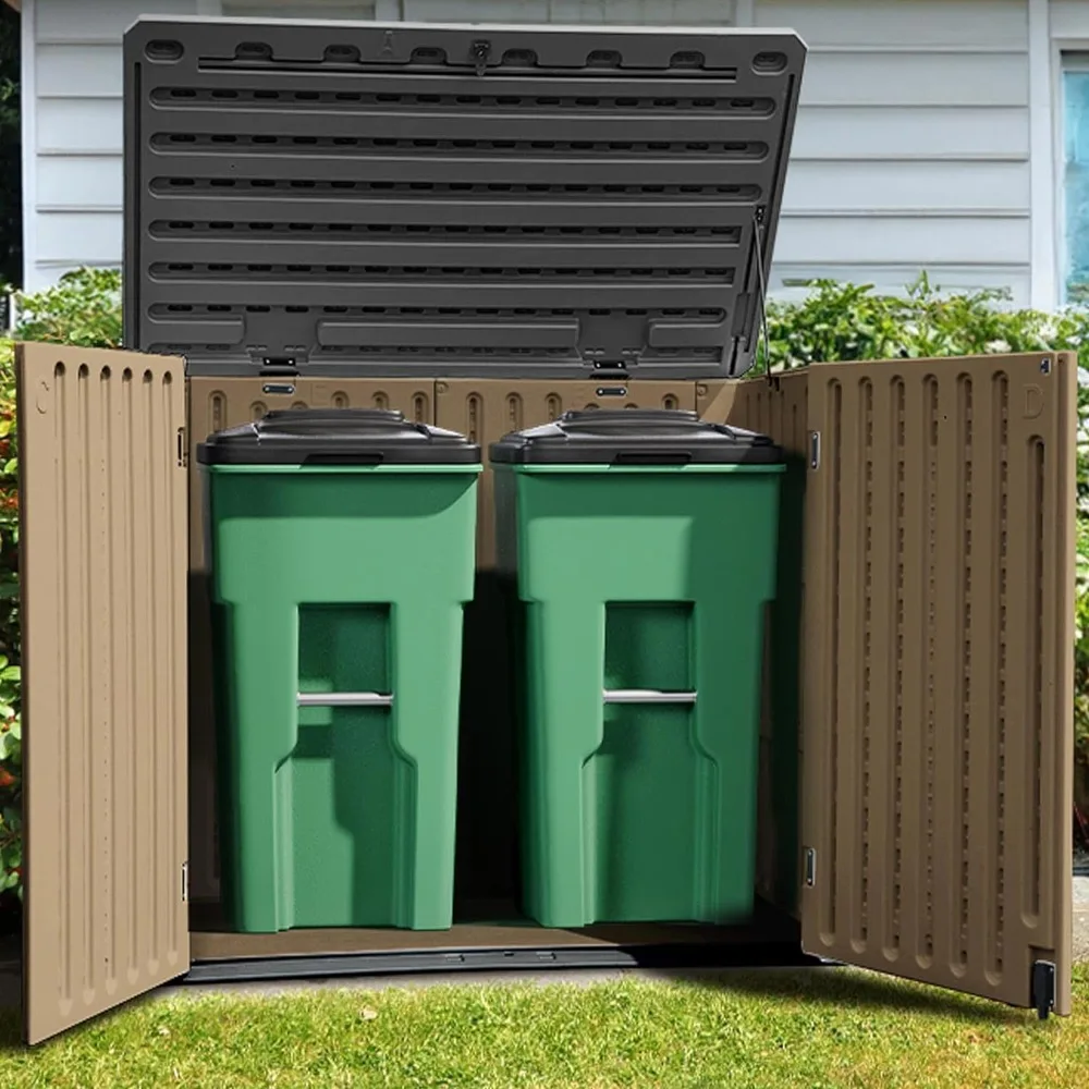 Oversized outdoor horizontal resin storage shed, easy to assemble waterproof storage cabinet for trash cans, gardening tools