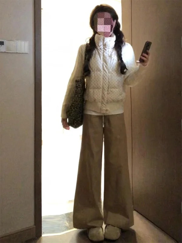 

Корейский стиль: Теплая женская куртка свободного кроя с воротником-стойкой, вязаными рукавами и принтом в горошек, модная верхняя одежда