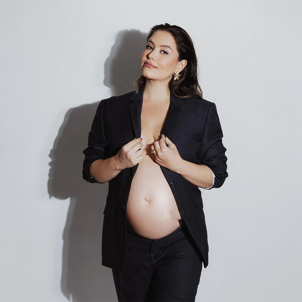 Traje de fotografía de maternidad, traje OL blanco con cordones, chaqueta de manga larga, ropa elegante con cadena en el pecho para sesión de fotos de mujeres embarazadas