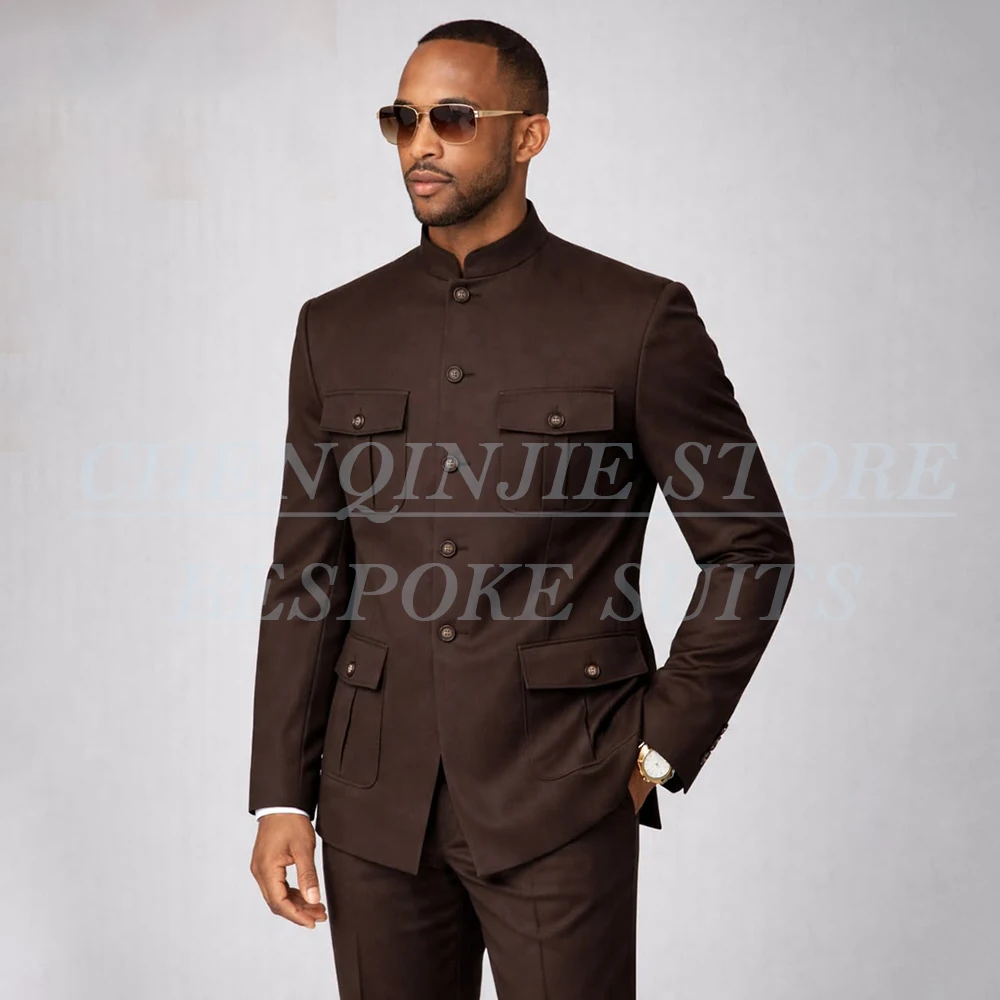 

Customized Brown Men's Suits 2026 Fashion Trendy Stand Lapel Blazer High Quality 2 Piece Jacket Pants Business Outerwear