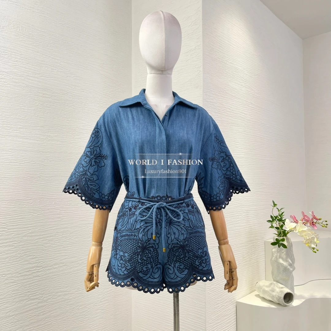 

2025 New Beach Style High Quality Pure Cotton Embroidery Lace-up Turn-down Collar Blouse and Shorts Women Outfit