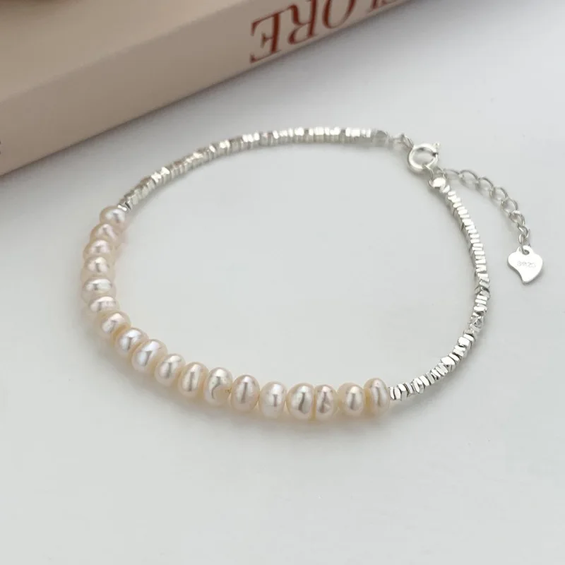 S925Sterling Silver Broken Silver Couple Baroque Pearl Bracelet Female Light Luxury Minority High Sense Internet Celebrity Bead