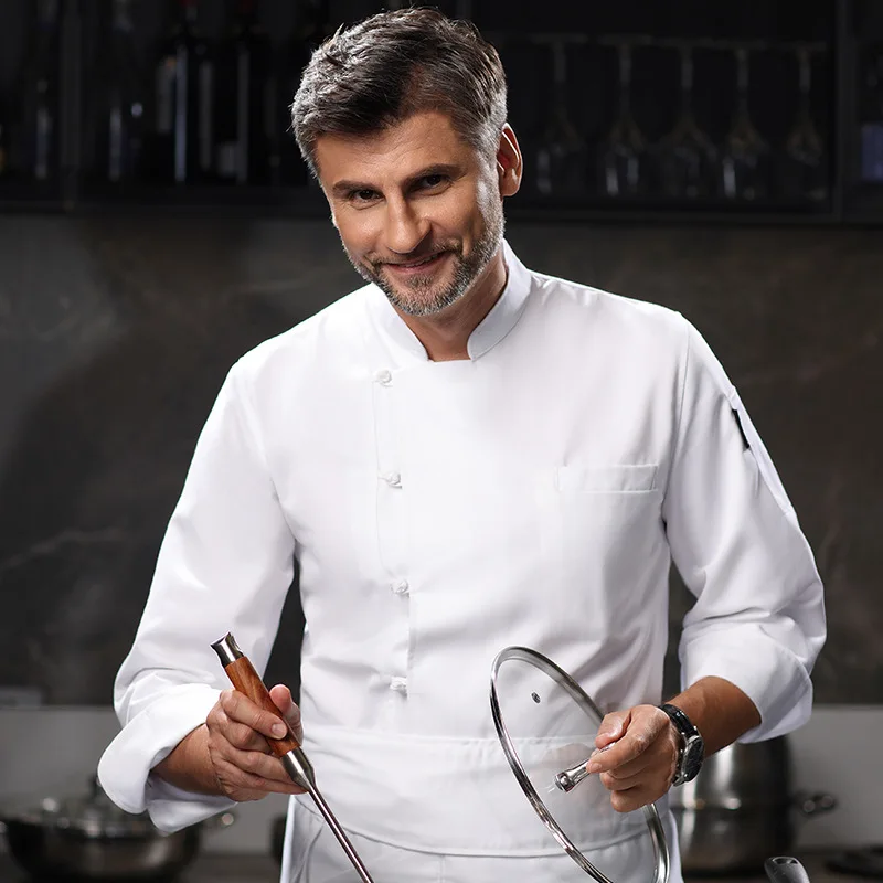 Men's Chef Coat Buttons Long Sleeve Kitchen Jacket Restaurant Waiter Uniform