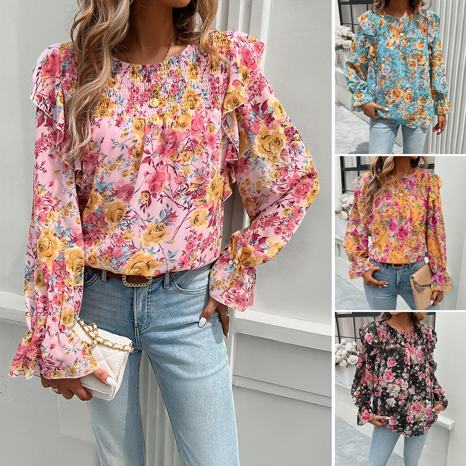 

cross-border Amazon printed shirt women's autumn and winter foreign trade women's temperament commuter long-sleeved shirt