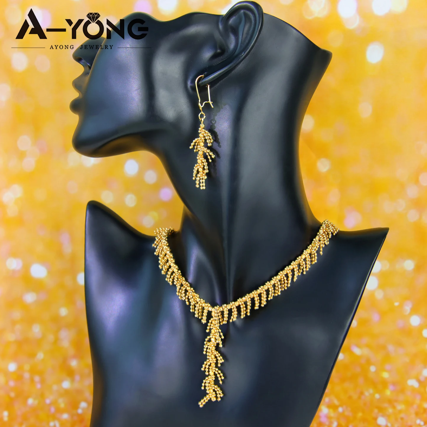 Gold Plated Tassel Wheat Necklace Set 21k Gold Color Saudi Chic Bohemian Choker Italian Women Wedding Party Jewelry