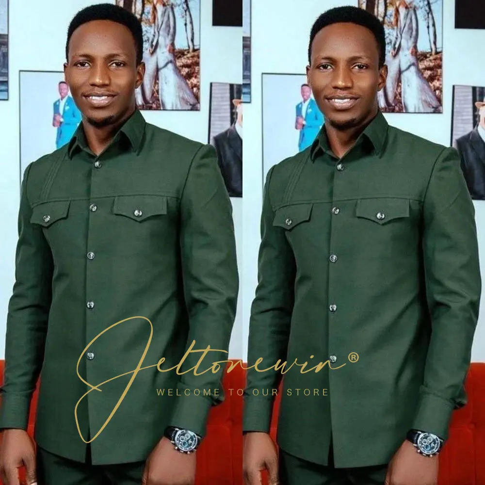 

New Fashion Stand Collar Men Suits Single Breasted Dark Green 2 Pieces Smart Casual Daily Outfits Prom Party Wedding Tuxedos