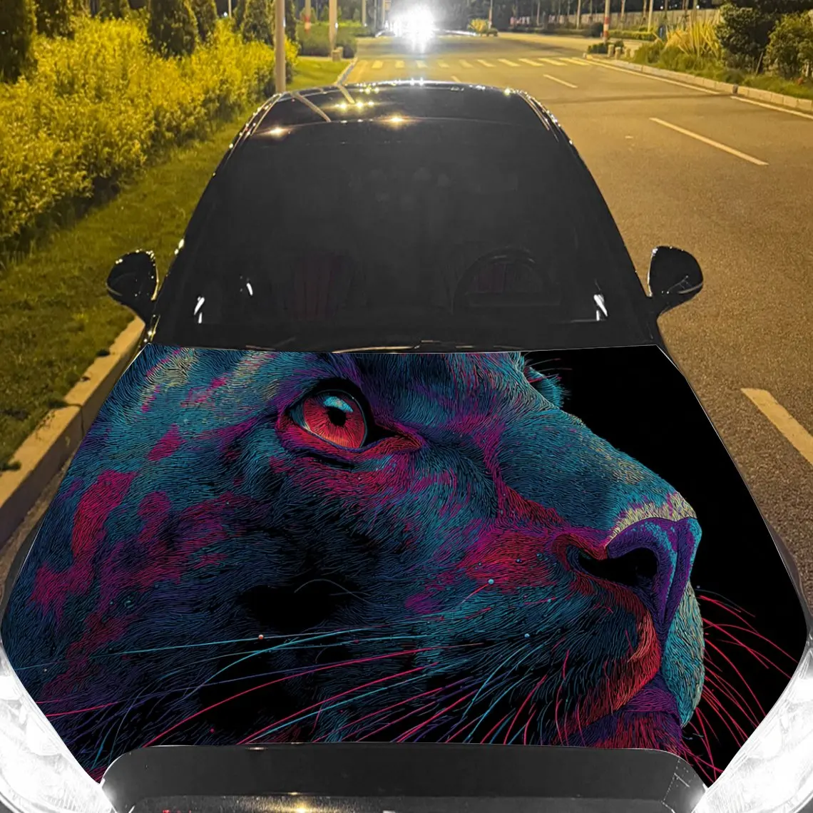 Car Decal Panther with Neon Pink-Blue Color Block Artistic Background & Edgy-Mystic Aesthetic Car Hood Sticker, Waterproof Self