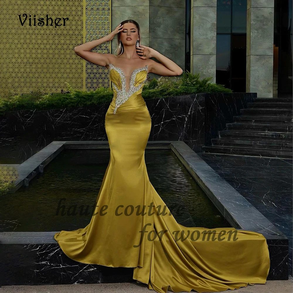 

Gold Satin Mermaid Evening Dresses Beaded Sweetheart Sexy Bodycon Prom Party Dress with Train 2024 Womens Pageant Event Gowns