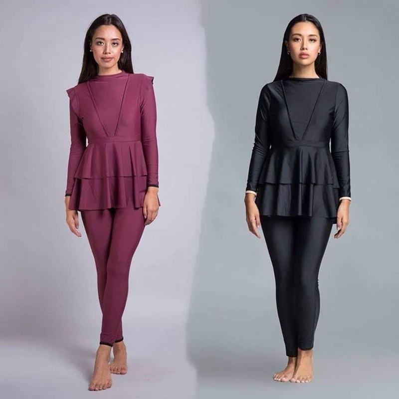 여성 이슬람 수영복 3 색 솔리드 컬러 Lslamic 의류 3 Pcs Hijab 긴 소매 스포츠 수영복 Burkinis 수영복 블랙 