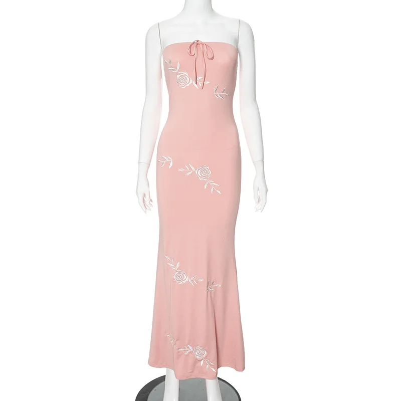 Robe Longue Élégante pour Femme, Tenue de Soirée à la Mode, Broderie de Roses, Nministériels d, Col Bateau, Dos aux, Sans Bretelles