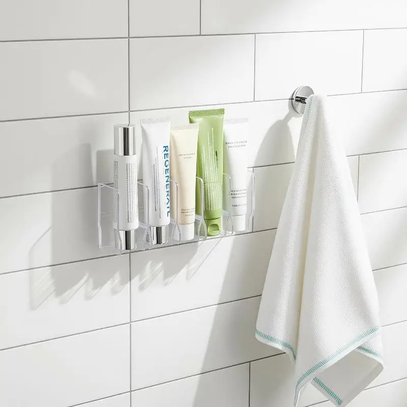 Plastic Wall Mounted Cosmetic Holder No Punch Self Adhesive Storage Rack for Bathroom Kitchen Organization