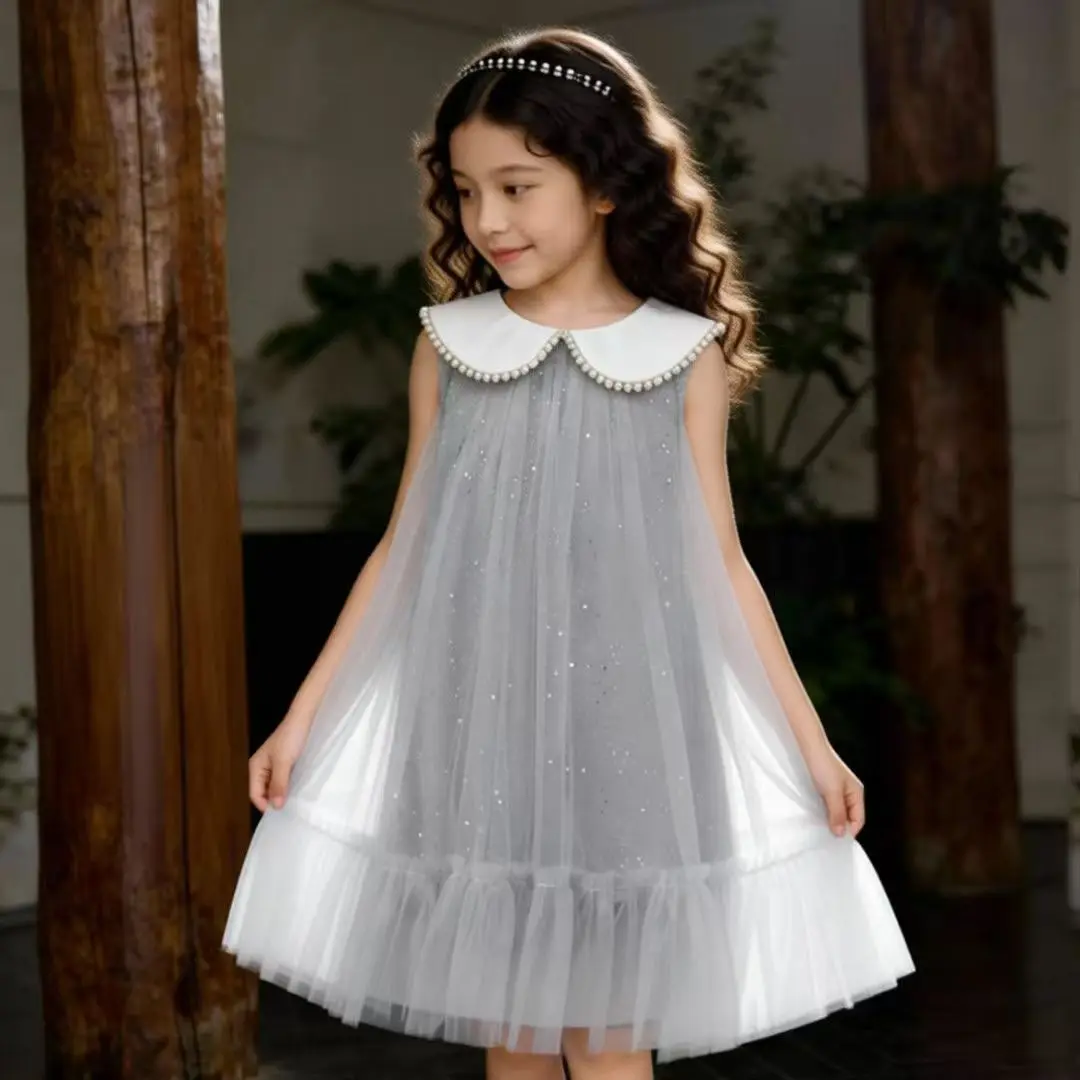 Girls' Vest Mesh Skirt Summer New Style Doll Collar Western-style Middle-aged Princess Skirt High-end Dress