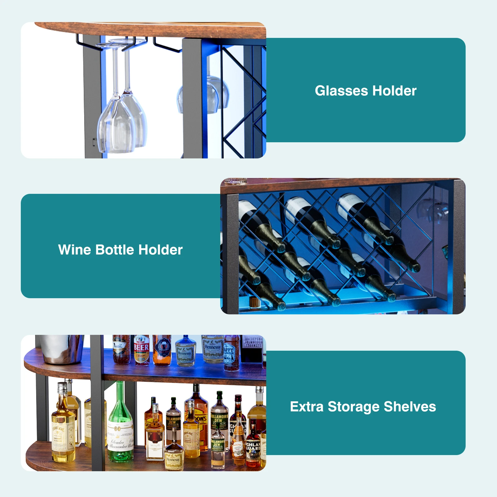 JHK LED Home Bar Cabinet with Storage Bar Cart with Charging Station Metal Wine Cabinet Liquor Cabinet Table with Glasses Holder and Wine Bottle Holder view 4