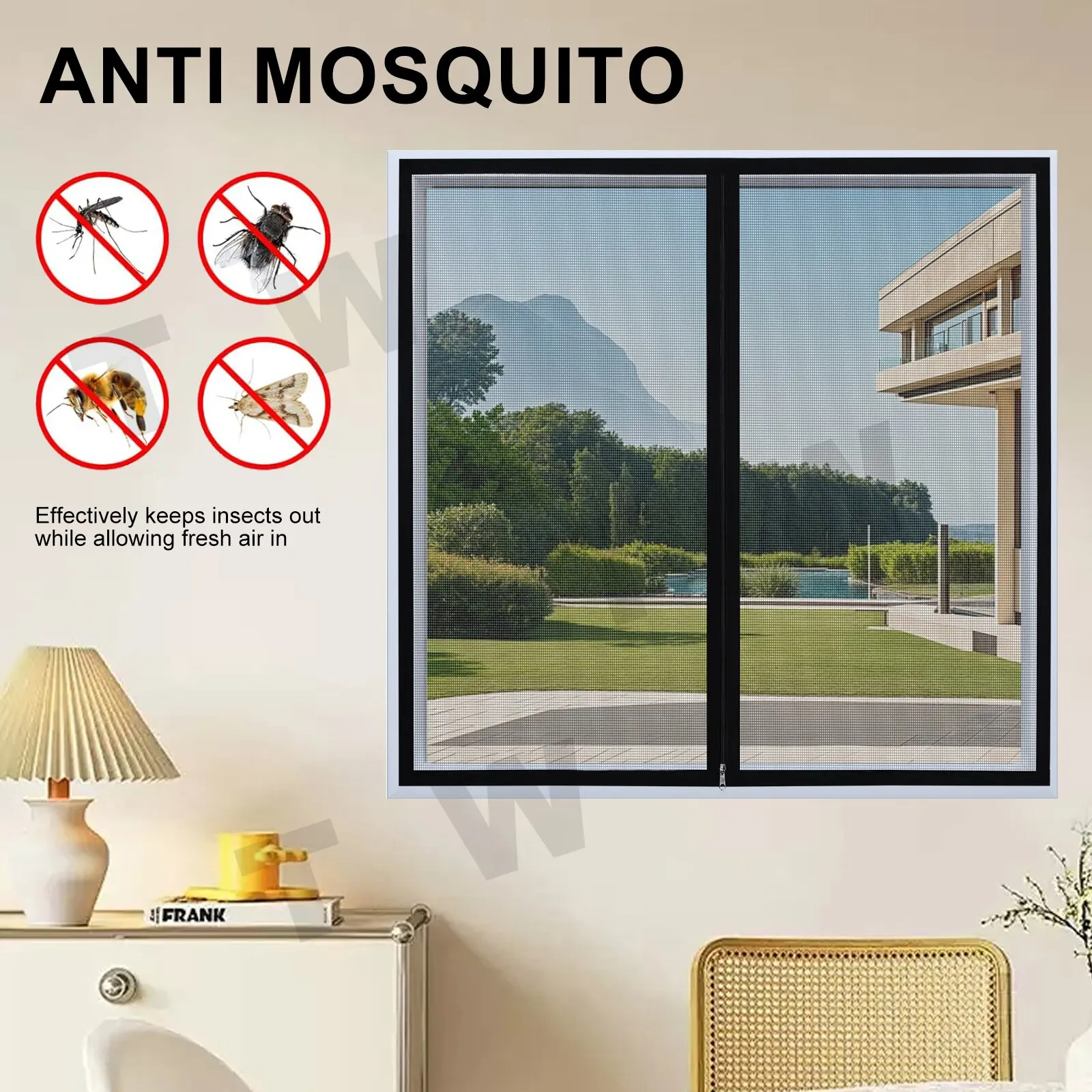 Self-adhesive invisible window screen with a central zipper for easy DIY installation, providing mosquito and insect protection
