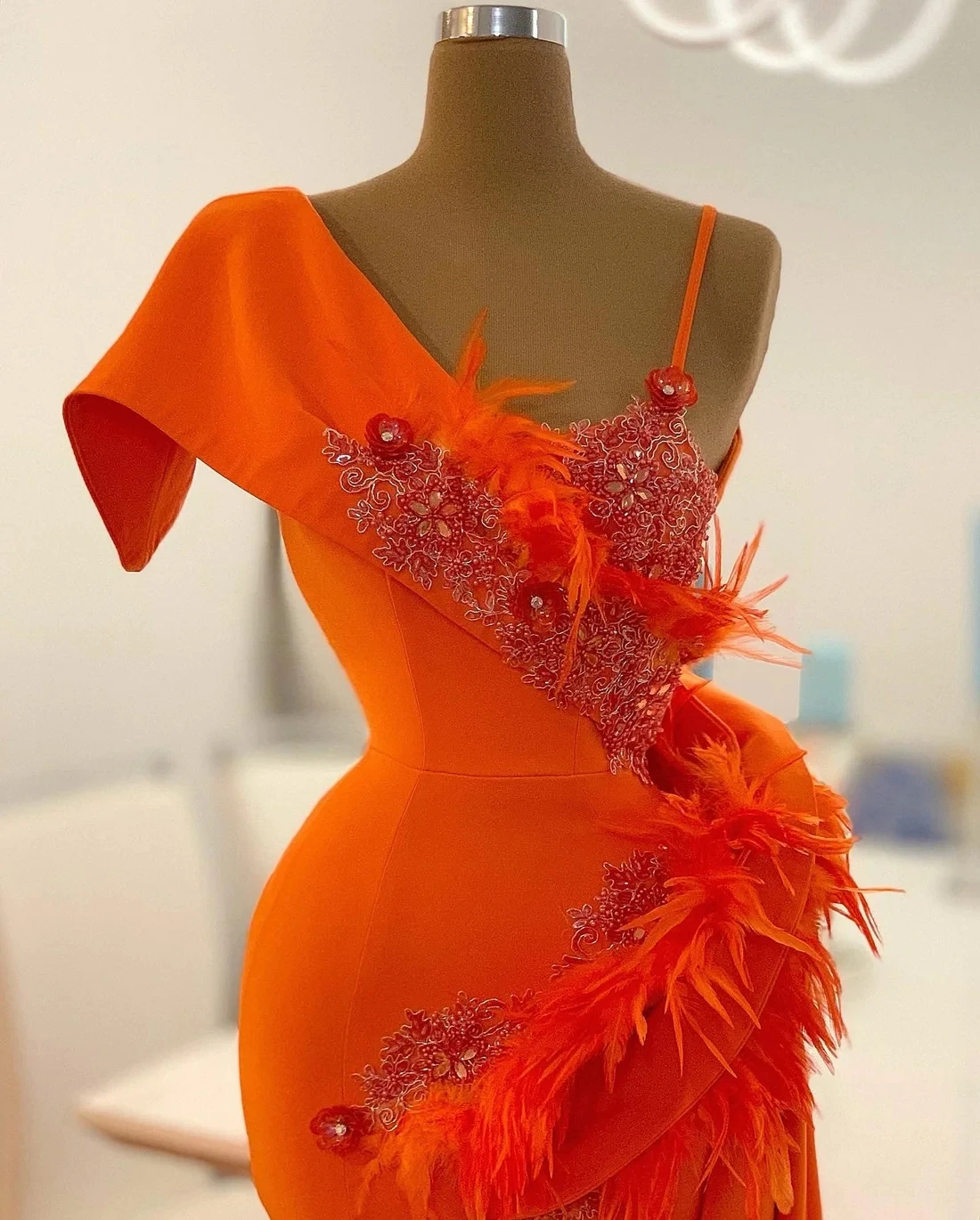 Gaun Prom Orange Haute Couture gaun malam putri duyung Off The Shoulder mutiara Arab Saudi Dubai Robe De Soiree