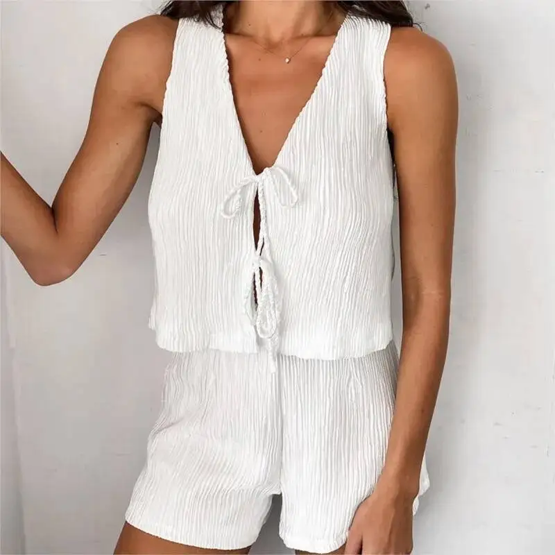 

2026 New Women White Pleated Vest Suits Female Lace Up Casual V Neck Crop Top High Waist Shorts Set Ladies Beachwear Sets