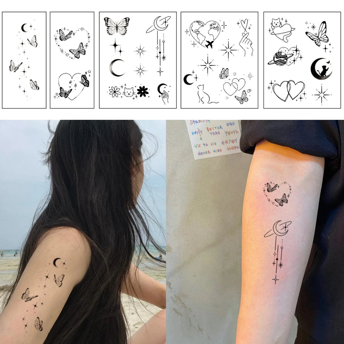 5pcs Simple Line Moon Heart Temporary Fake Tattoo Black Butterfly Cat Fake Tattoos Sticker for Girls Women Hand Wrist Body Art