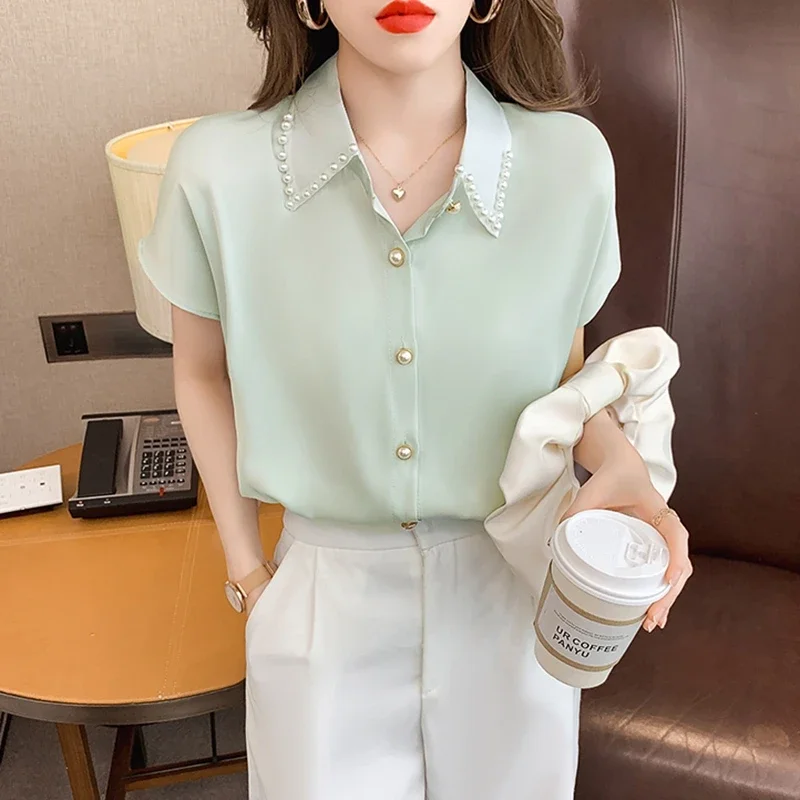 Office Ladies Chiffon Shirts Summer 2024 Elegant Korean Fashion Short Sleeve Beading White Blusas Women Green Blouses Y2k Tops