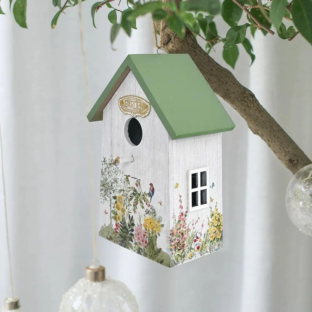 

Rustic Wooden Birdhouse, White with Green Roof, Vintage Distressed Finish, Floral Garden Design, Hanging Outdoor Decor