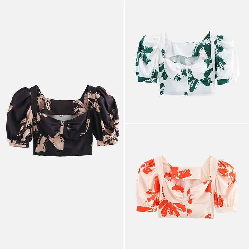 

Faionable ort Printed Blouse Women's Summer 2025 Casual Loose Fit Bubble Sve Square Collar Polyester Fiber 00%