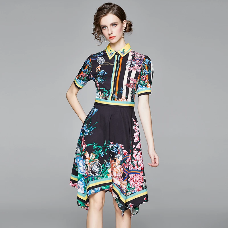

2022 Spring Summer Chain Floral Print Dress Women Short Sleeve High Waist Irregular A-Line Office Ladies Vintage Midi Dress