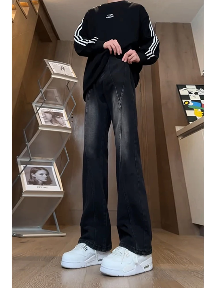 

aduated ey Bla Men's Jeans Spring Autumn High Street Sle Straight Leg Slim Fit Micro Flared Pants Youth Faion